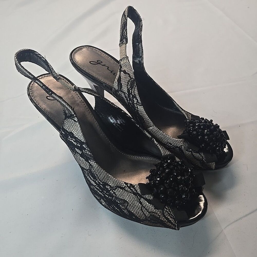 GNW Shoes Womens Black Lace Heels 7.5 Floral Beaded Peep Toe Sling Back Strap